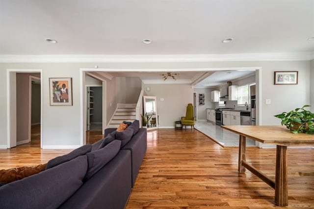 living room with crown molding and light hardwood / wood-style flooring