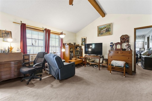 living room with carpet flooring and lofted ceiling with beams