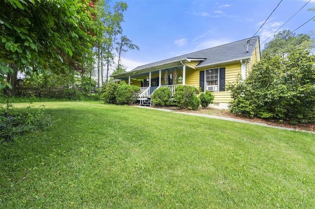 exterior space with a front lawn, covered porch, and crawl space