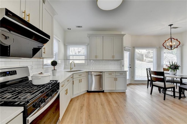 kitchen featuring tasteful backsplash, ventilation hood, light wood-style flooring, stainless steel appliances, and a sink