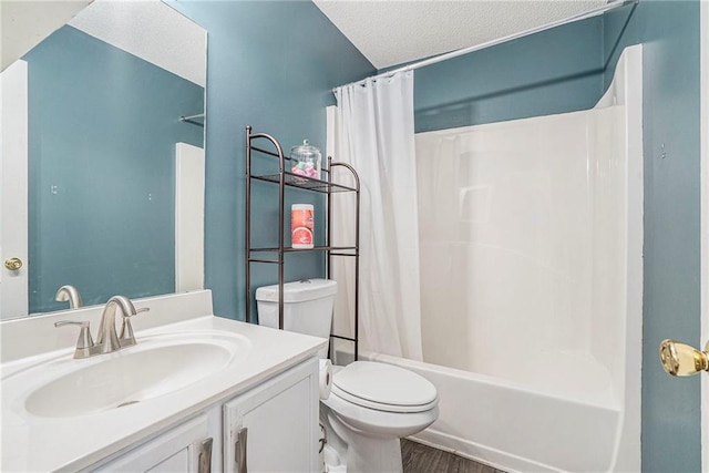 bathroom with toilet, vanity, shower / bathtub combination with curtain, and wood finished floors