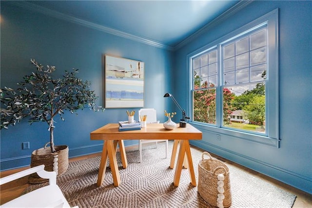office space featuring baseboards and crown molding