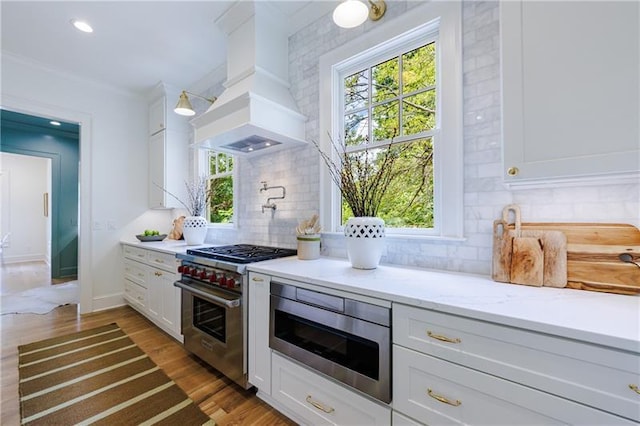 kitchen with white cabinets, wood finished floors, premium range hood, and stainless steel appliances