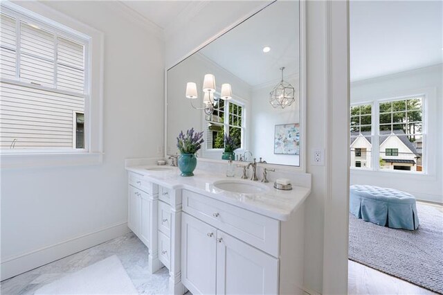 bathroom with double vanity, plenty of natural light, crown molding, and a sink