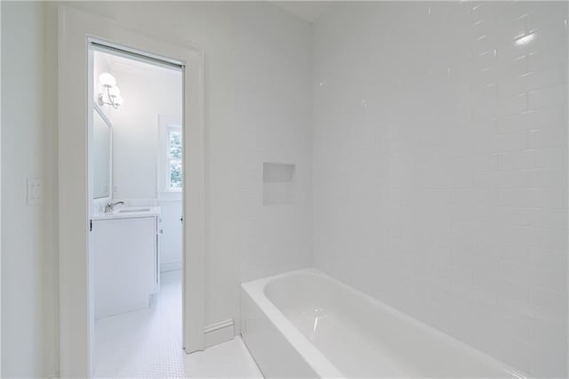 full bath with vanity, tile patterned floors, and shower / washtub combination