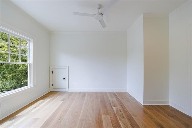 unfurnished room with a ceiling fan, crown molding, baseboards, and light wood-type flooring