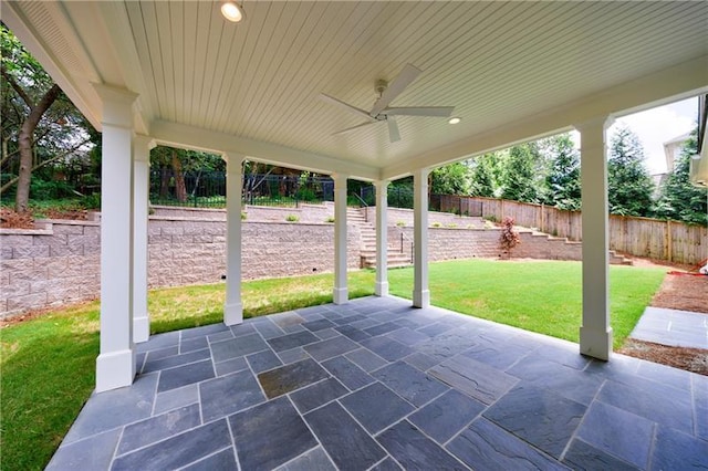 view of patio / terrace featuring a fenced backyard and a ceiling fan