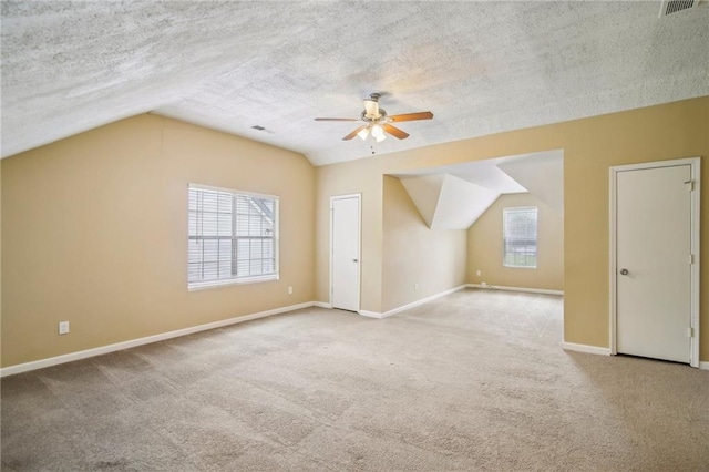 additional living space featuring a healthy amount of sunlight, lofted ceiling, light carpet, and a textured ceiling