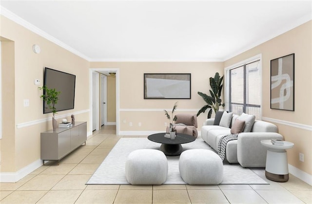 living room featuring crown molding and light tile patterned flooring