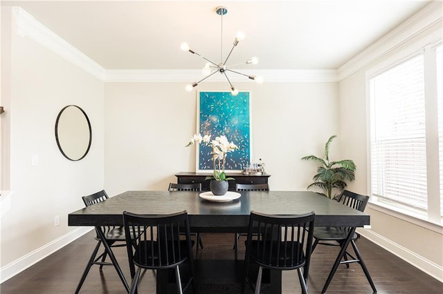 3133 Quinn Pl, Atlanta, GA 30341 - dining space with a chandelier, baseboards, dark wood-type flooring, and crown molding