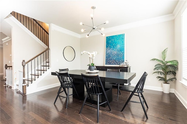 3133 Quinn Pl, Atlanta, GA 30341 - dining room featuring a chandelier, stairs, dark wood-type flooring, and crown molding