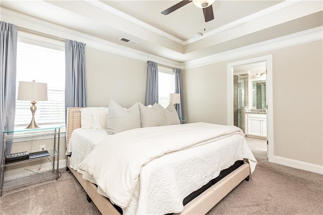 3133 Quinn Pl, Atlanta, GA 30341 - bedroom with carpet floors, ornamental molding, baseboards, connected bathroom, and a ceiling fan
