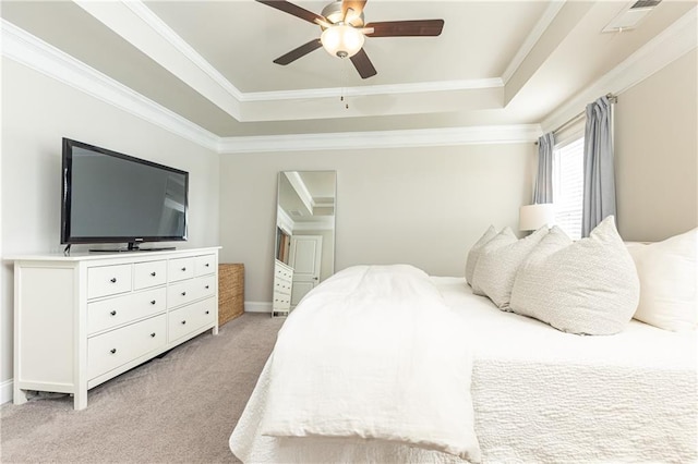 3133 Quinn Pl, Atlanta, GA 30341 - bedroom featuring light carpet, a raised ceiling, ornamental molding, baseboards, and a ceiling fan