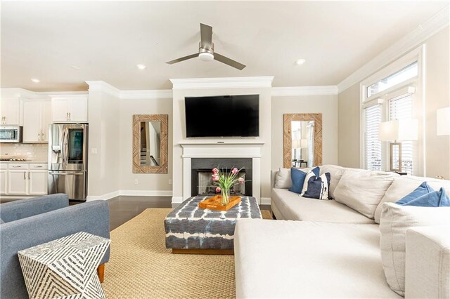 3133 Quinn Pl, Atlanta, GA 30341 - living area featuring ceiling fan, a fireplace, ornamental molding, baseboards, and recessed lighting