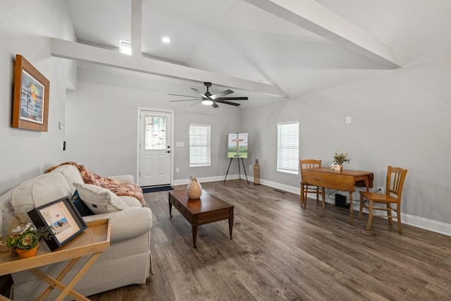 living room with wood finished floors, lofted ceiling, baseboards, recessed lighting, and a ceiling fan