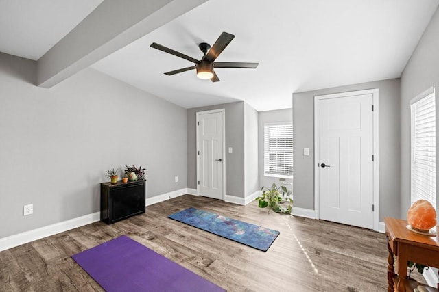 workout room with baseboards, plenty of natural light, and wood finished floors
