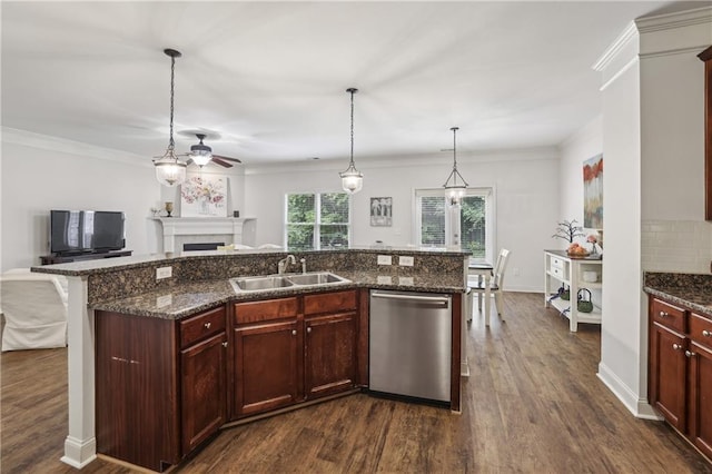 13468 Gardiner Ln, Alpharetta, GA 30004 - kitchen with stainless steel dishwasher, a sink, open floor plan, dark wood-style floors, and crown molding