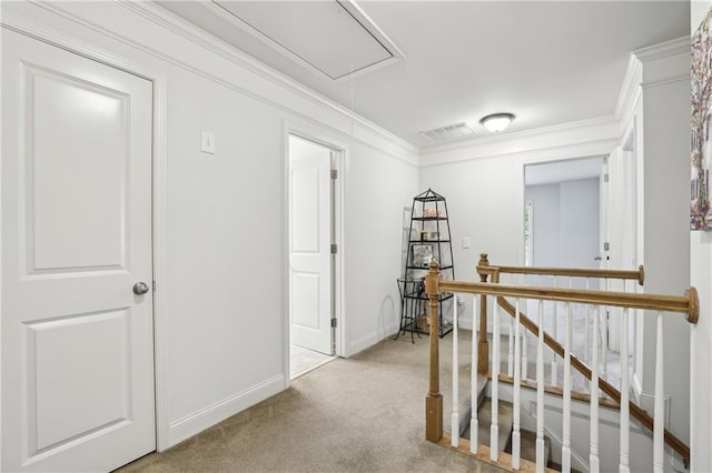 13468 Gardiner Ln, Alpharetta, GA 30004 - hall featuring an upstairs landing, attic access, carpet floors, baseboards, and crown molding