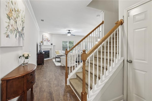 13468 Gardiner Ln, Alpharetta, GA 30004 - stairway with a ceiling fan, wood finished floors, a glass covered fireplace, and ornamental molding