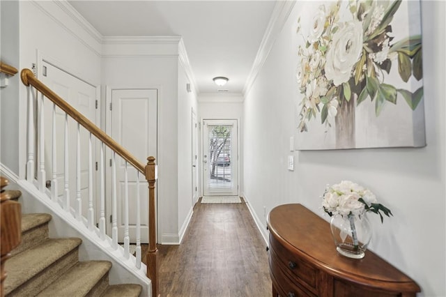 13468 Gardiner Ln, Alpharetta, GA 30004 - foyer entrance featuring wood finished floors, crown molding, stairway, and baseboards