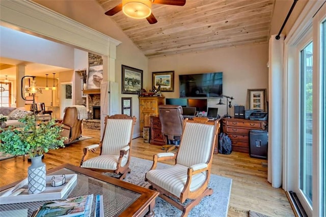 502 Cottage Crest Dr, Clarkesville, GA 30523 - living area with plenty of natural light, a ceiling fan, light wood-type flooring, wood ceiling, and high vaulted ceiling