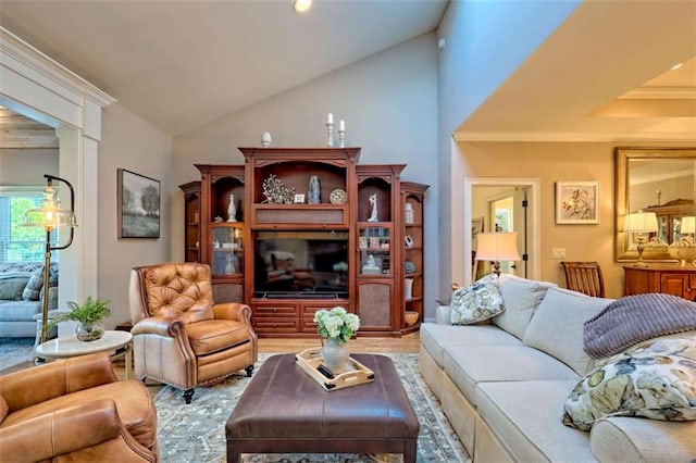 502 Cottage Crest Dr, Clarkesville, GA 30523 - living room featuring lofted ceiling, recessed lighting, and wood finished floors
