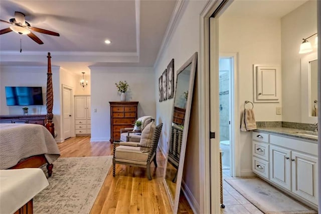 502 Cottage Crest Dr, Clarkesville, GA 30523 - bedroom with light wood-style flooring, ornamental molding, recessed lighting, baseboards, and ensuite bathroom