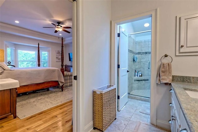 502 Cottage Crest Dr, Clarkesville, GA 30523 - full bath featuring ensuite bath, vanity, ceiling fan, a stall shower, and recessed lighting