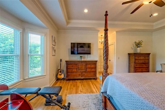 502 Cottage Crest Dr, Clarkesville, GA 30523 - bedroom with multiple windows, light wood finished floors, a raised ceiling, ornamental molding, and recessed lighting