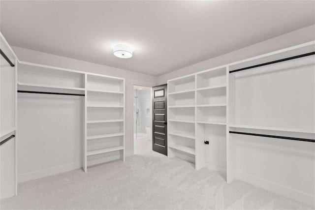 walk in closet featuring light carpet