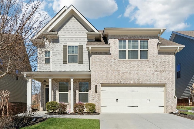 view of front of house featuring brick siding, concrete driveway, and an attached garage