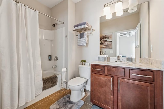 bathroom featuring vanity, toilet, shower / tub combo with curtain, and tile patterned flooring