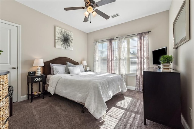 bedroom featuring baseboards, visible vents, and dark carpet