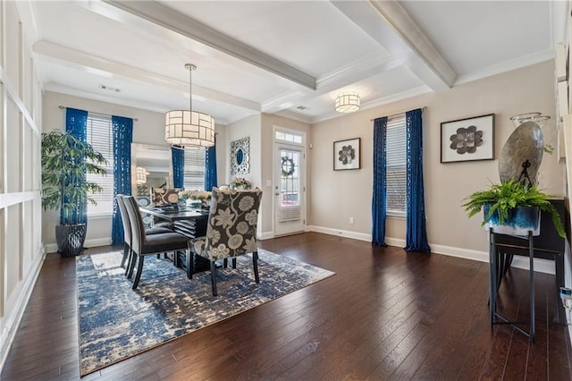 dining room featuring dark wood finished floors, beam ceiling, baseboards, and ornamental molding