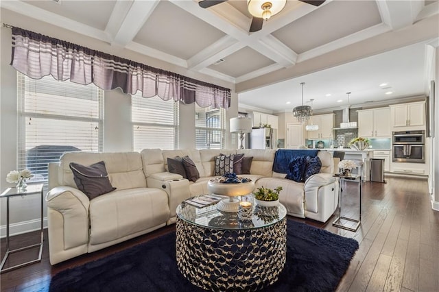 living area with beamed ceiling, coffered ceiling, dark wood finished floors, and ornamental molding