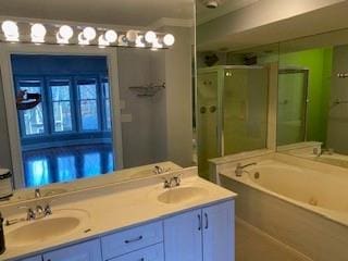 bathroom featuring double vanity, a garden tub, a shower stall, and a sink