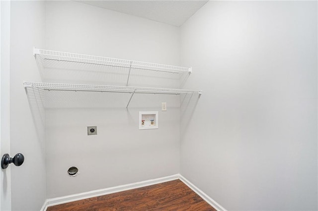 laundry room featuring hookup for an electric dryer, dark wood-type flooring, and washer hookup