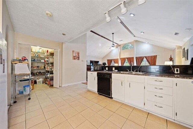 kitchen featuring a textured ceiling, white cabinetry, dishwasher, and vaulted ceiling