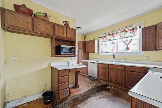 10 Shadburn Ferry Rd, Buford, GA 30518 - kitchen featuring stainless steel appliances, dark wood-style floors, crown molding, light countertops, and brown cabinetry