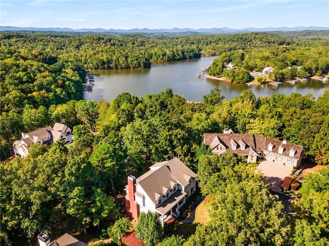 birds eye view of property with a view of trees and a water and mountain view