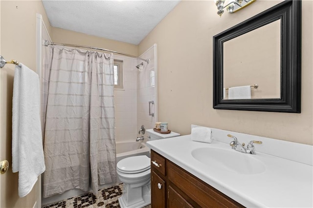 full bathroom featuring a textured ceiling, toilet, vanity, and shower / tub combo with curtain