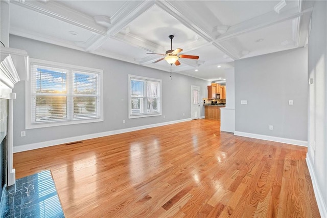 unfurnished living room featuring ceiling fan, coffered ceiling, a fireplace, and light hardwood / wood-style floors