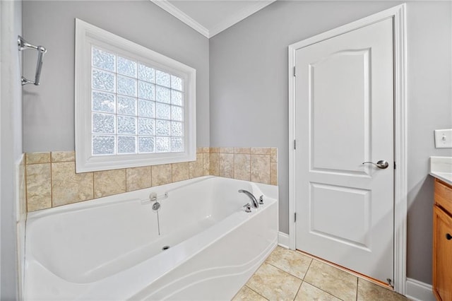 bathroom featuring vanity, a bath, tile patterned flooring, and ornamental molding