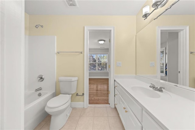 full bathroom with toilet, shower / bathing tub combination, vanity, and tile patterned floors