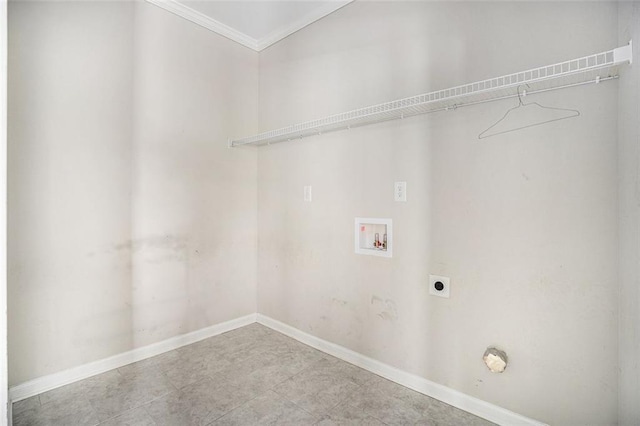 washroom with hookup for an electric dryer, laundry area, baseboards, ornamental molding, and hookup for a washing machine