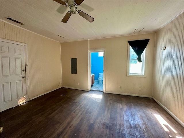 3517 Plunkett Rd, Stonecrest, GA 30038 - spare room with electric panel, wood finished floors, a ceiling fan, crown molding, and baseboards