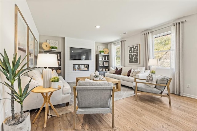 living area with baseboards, wood finished floors, and a fireplace