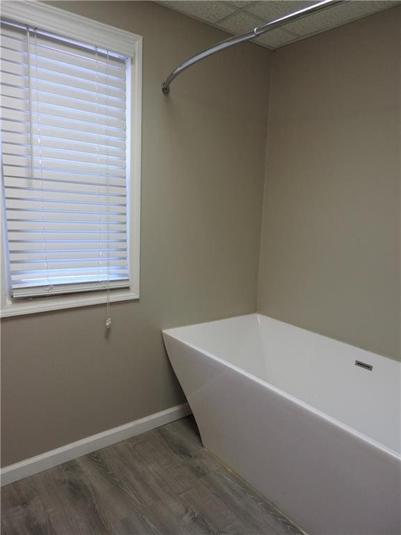 bathroom featuring a bathtub, hardwood / wood-style flooring, and a paneled ceiling