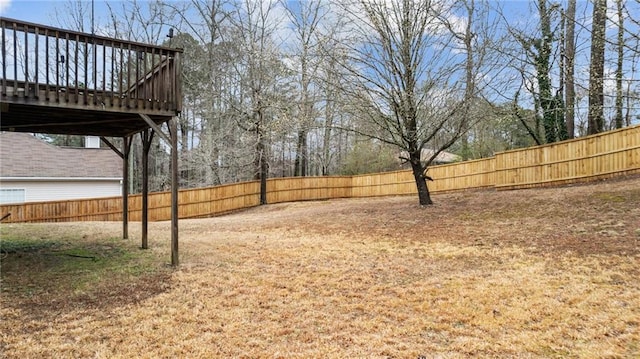 view of yard featuring a fenced backyard and a wooden deck