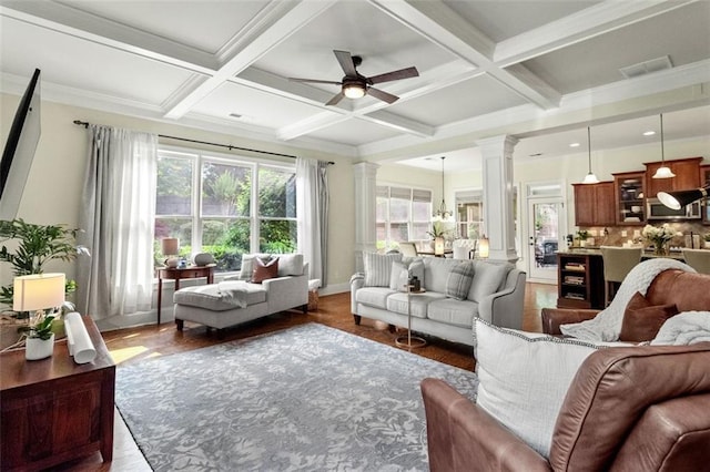 1771 Silvergrass Ln, Grayson, GA 30017 - living area featuring decorative columns, coffered ceiling, beam ceiling, ceiling fan, and wood finished floors